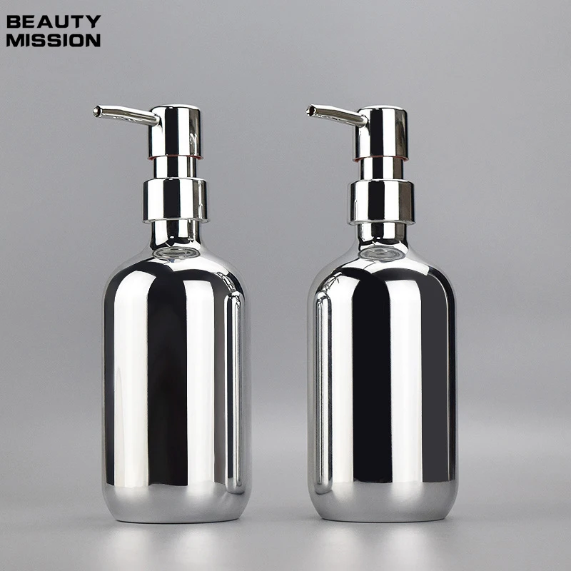 

500ml 10pcs Plating Silver Dispenser Bottle PET Pump Head Press Bottle Empty Refillable Shampoo Body Wash Hand Soap Containers