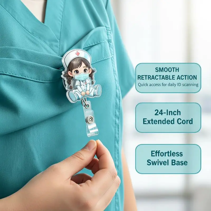 Cute Retractable Nurse Badge Reel 1Pc Cartoon 2D Acrylic ID Card Holder Clip for Nursing School Students Name Display