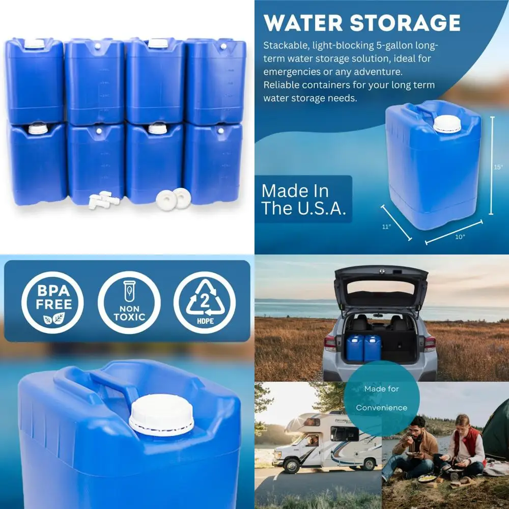 5 Gallon Stackable Water Storage Containers with Lids and Spigot, Easy Fill Design for Camping, Emergency and Survival Supplies