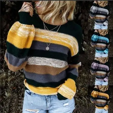 

Mid-Color Long Sweater Striped Knitted Women's Faion Loose Fit Bubble Sve Polyester Fiber Medium Thi Autumn Season