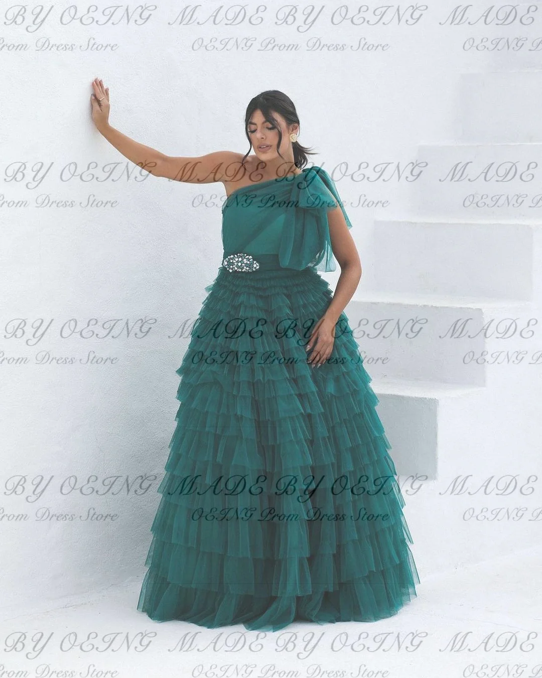 OEING Green Prom Dress One Shoulder Ruffles Pleated Evening Dresses Simple Tulle Tiered Party Dress Vestidos De Fiesta Gala