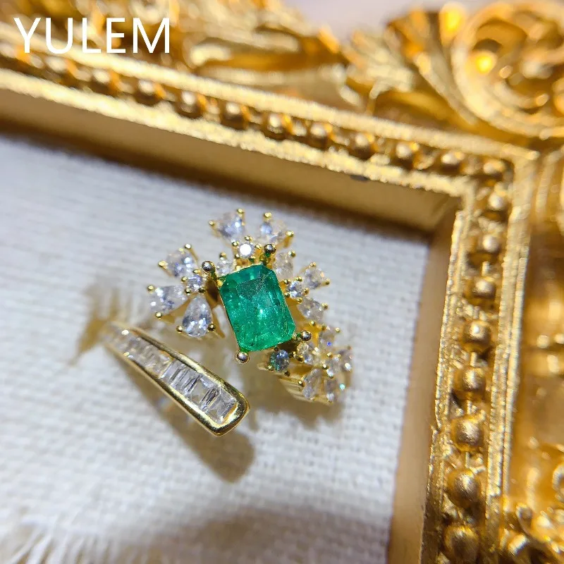 YULEM 4x6mm Natural Rectangle Emerald for Women Daily Wear Silver 925 Fine Jewelry Ring Gift