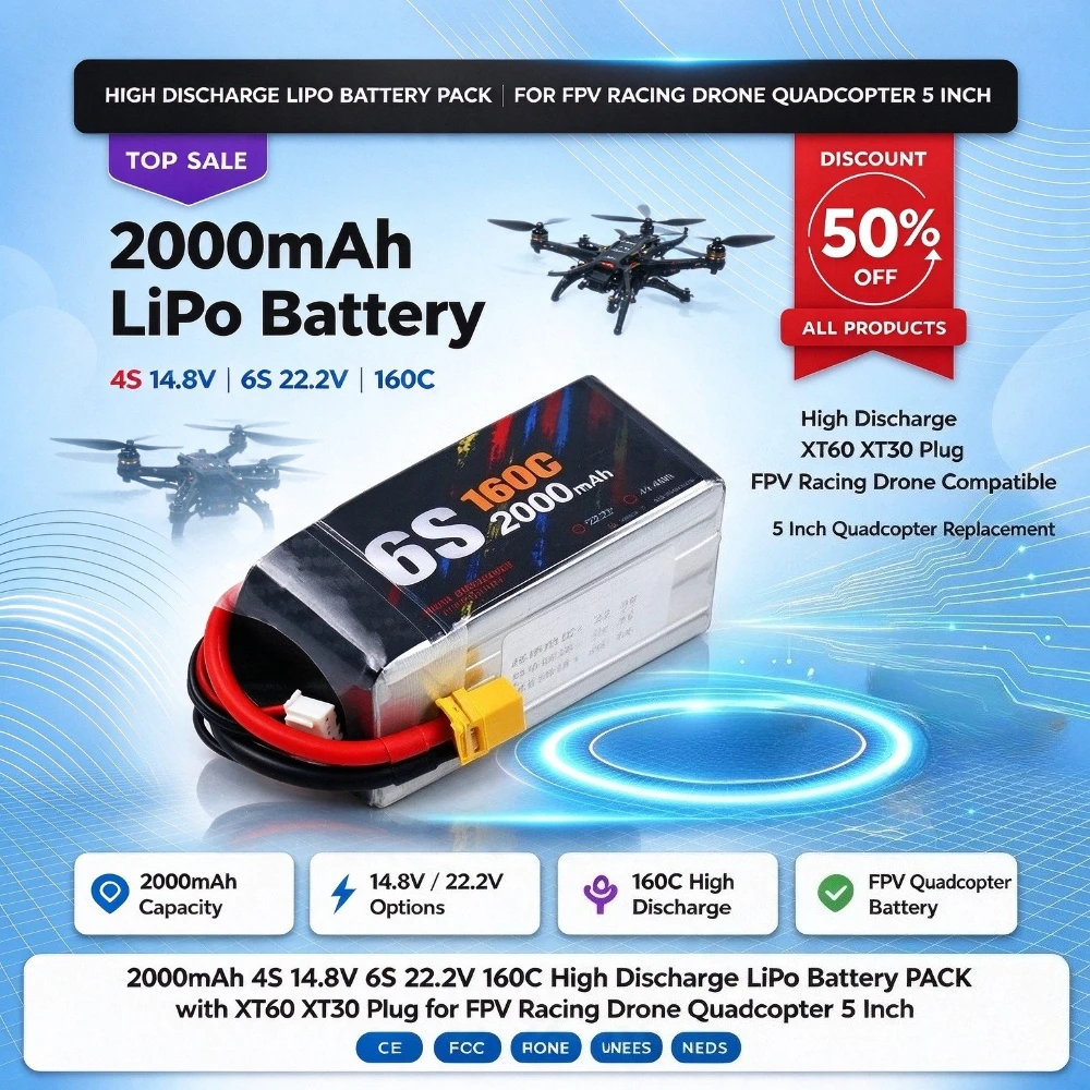 2000mAh 4S 14.8V 6S 22.2V 160C High Discharge LiPo Battery PACK with XT60 XT30 Plug for FPV Racing Drone Quadcopter 5 Inch