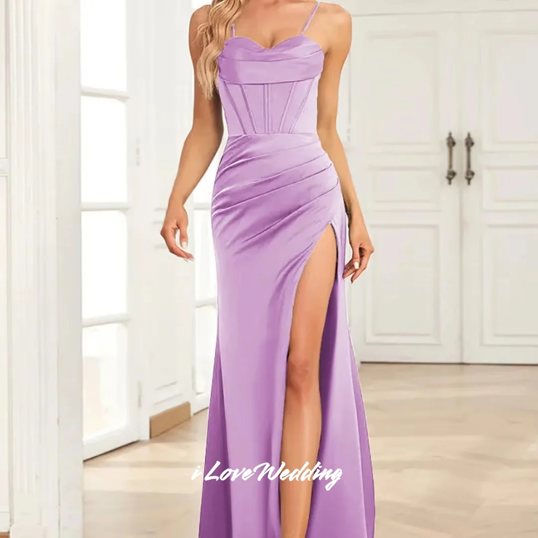 블루 스트랩리스 브라이드메이드 드레스 2025 스파게티 스트랩 슬리브리스 머메이드 사이드 슬릿 플로어 길이 플리츠 파티 드레스 맞춤 제작