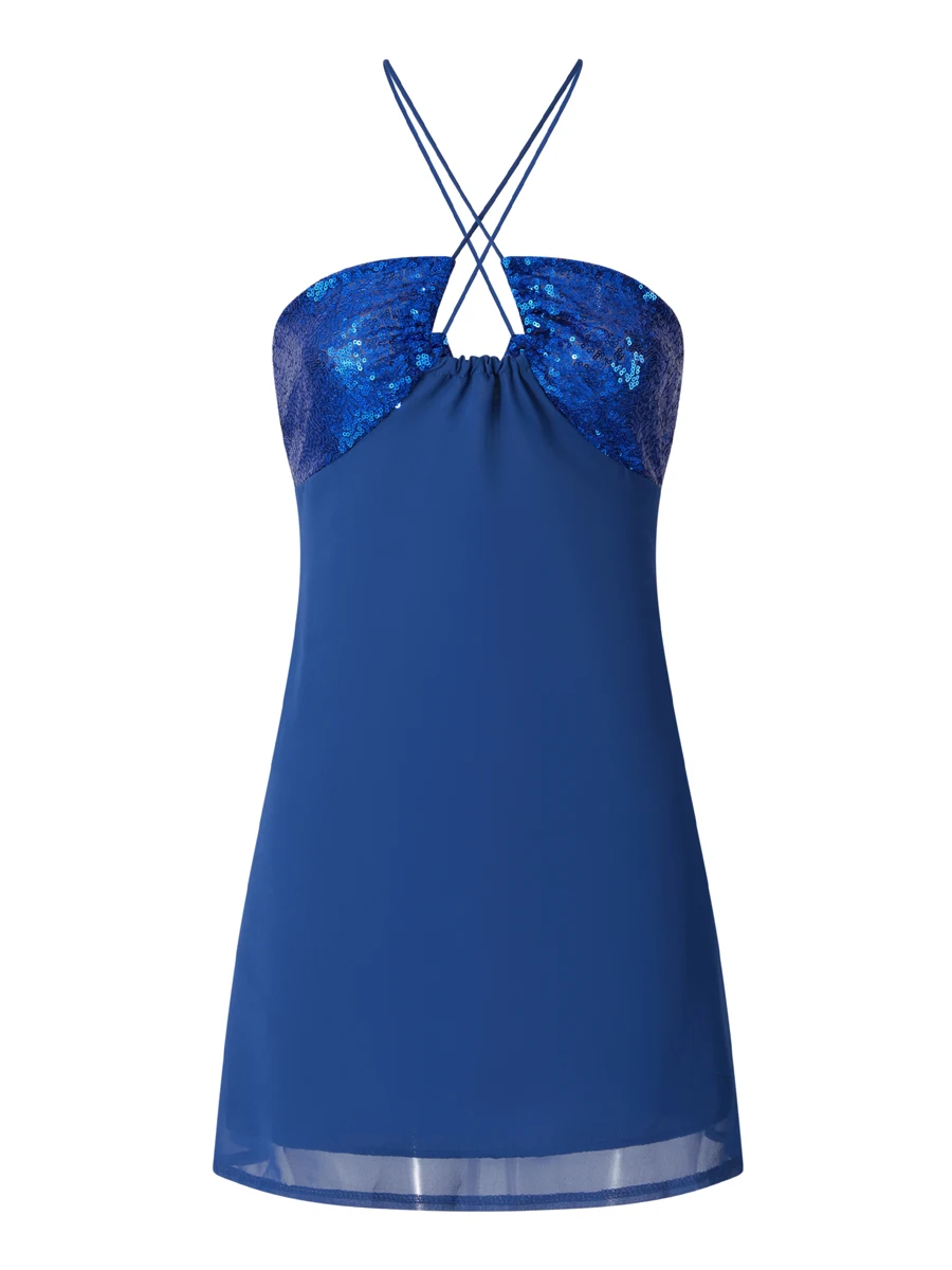 Mini vestido con cuello en V profundo para mujer, lentejuelas brillantes, sin mangas, recortado, sin espalda, brillante, Swing, línea A, Vestido de playa