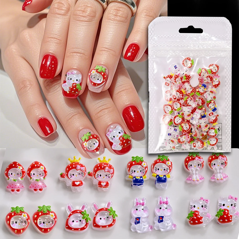 

50pcs Randomly Hello Kitty Strawberry Nail Charms Kawaii Transparent Shiny Ice Cream Hello Kitty Nail Decoration Sanrio Manicure