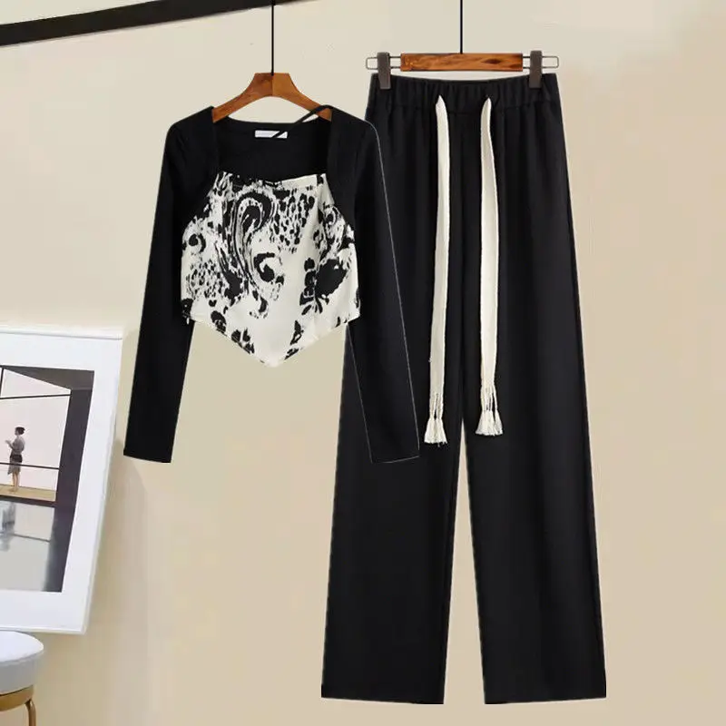 

Women Fashion Pants Set Female 2021 New Early Autumn Long Sleeves Top Gentle Style Drawstring Sweatpants Mop Wide Leg Pants