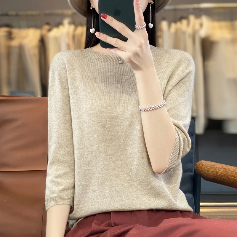 Five-point sleeve simple round neck shirt spring and summer new worsted superfine wool knitted short-sleeved T-shirt