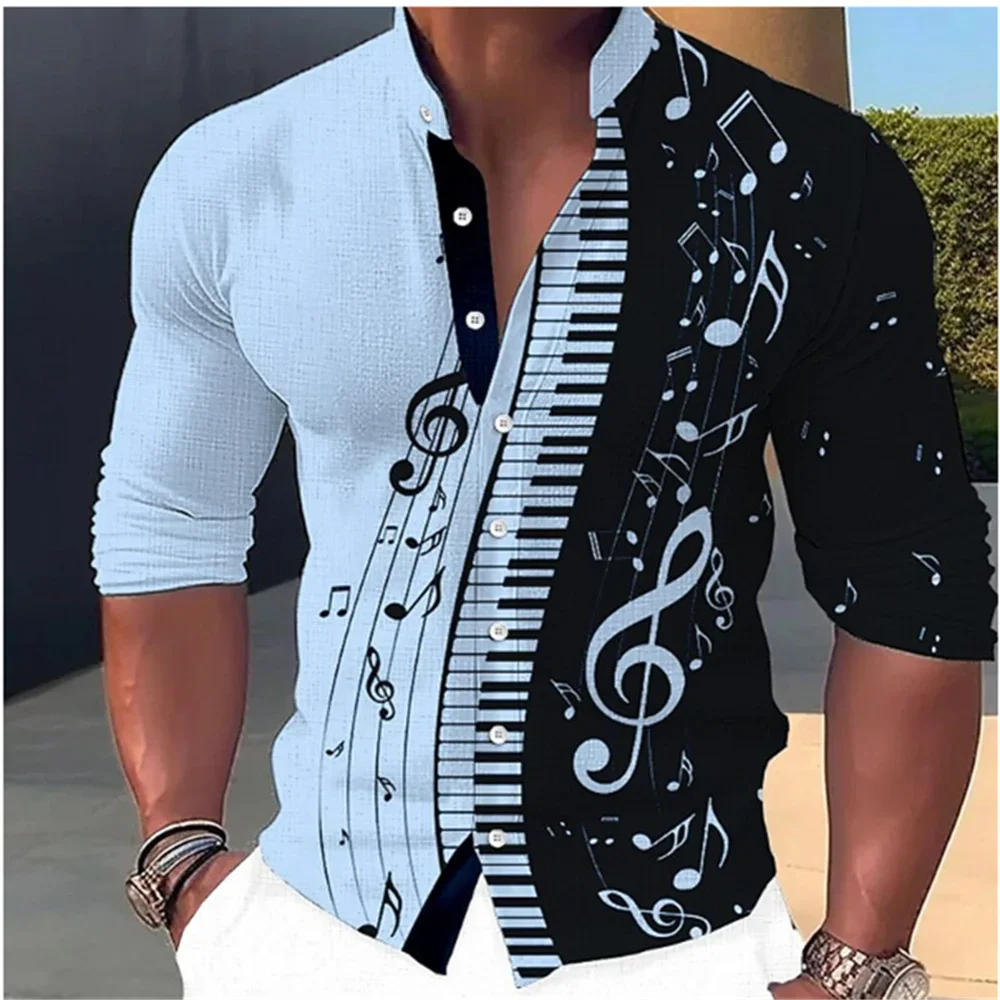 2023 New Fashion Men\'s Long Sleeve Music Symbol Printed Shirt Casual Soft and Comfortable Standing Neck Button Outdoor Top S-6XL