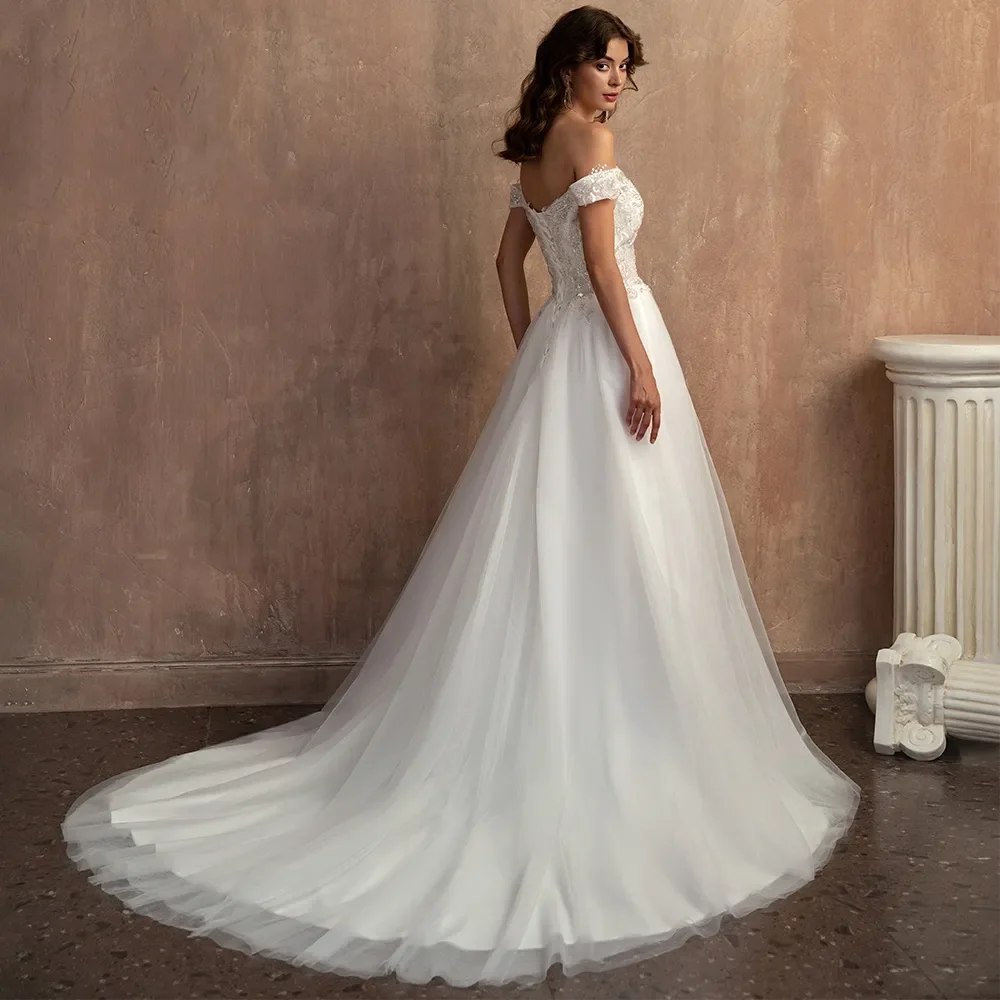 Splendido abito da sposa bianco Applique al largo della spalla paillettes di pizzo perline perla a-line abito da sposa lungo fino al pavimento slimays