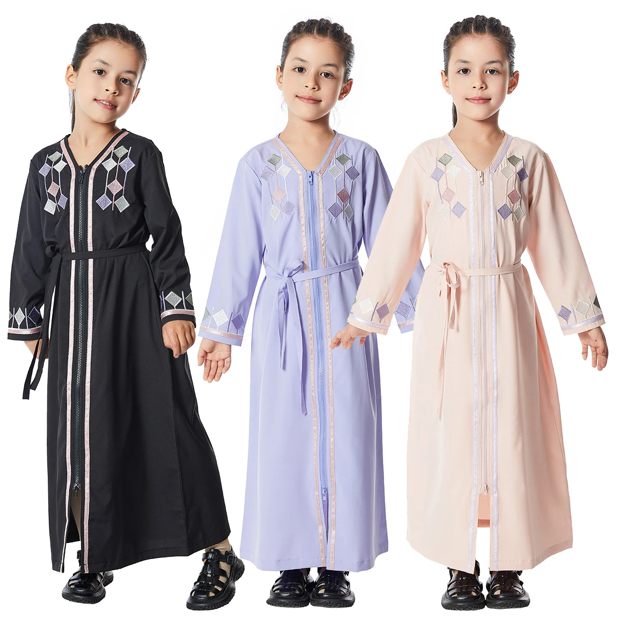 

Muslim Dress Kids Ramadan Embroidered Long Open Abaya Islamic Girls Kaftan Arabic Prayer Clothes Dubai Turkey Djellaba Femme