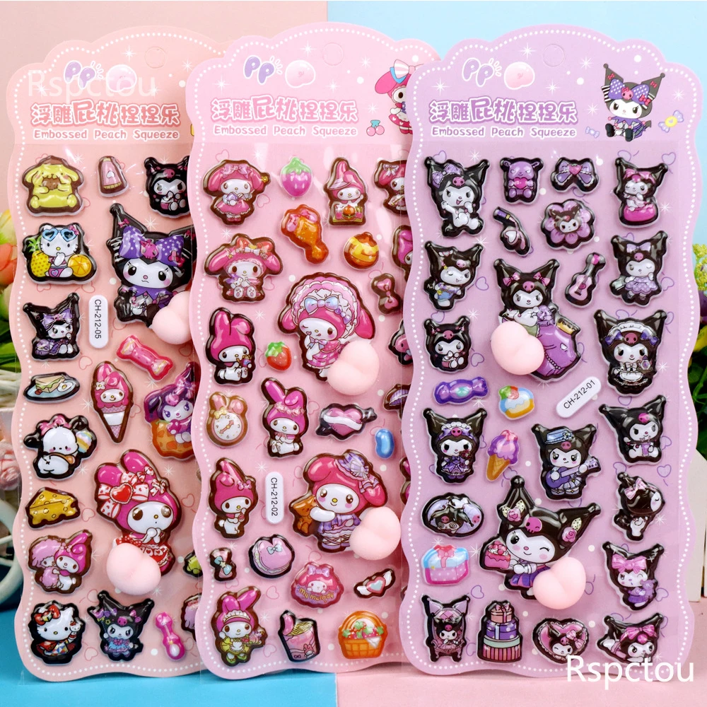 

6pcs Cute Creative Sanrio Relief Stickers Funny Cartoon Buttock Peach Squeeze 3D Puffy Decals Laptop Phone Luggage Sticker Pack