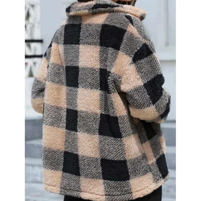 Dámské plyšové bundy s kostkovaným potiskem, svrchní oblečení, silné teplé, jednořadé, s odnímatelným límcem, kabát, kancelářské bundy, podzimní a zimní - náhled 2