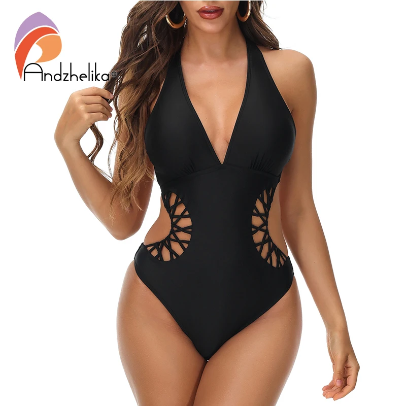 Andzhelika Black One Piece Swimsuit Women's Laced Sexy Halter Swimwear Monokini Female Bathing Suit Cutout Bodysuit Swim Wear