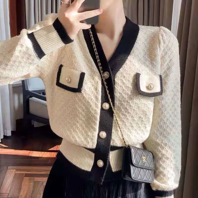 Korean Fashion Knit Sweater Women Autumn Winter V Neck Single Breasted Cardigans Chic Slim Crop Tops Casual Female Coats