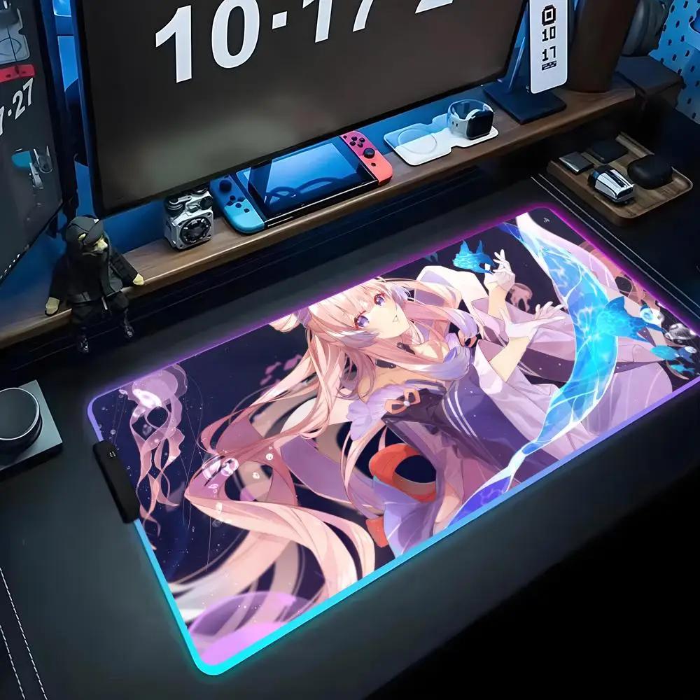 

sangonomiya kokomi Mouse Pad RGB Gaming Mousepad Big LED Pad PC Desk Mat Luminous Mouse Pad Large Keyboard Mats Table Rug With