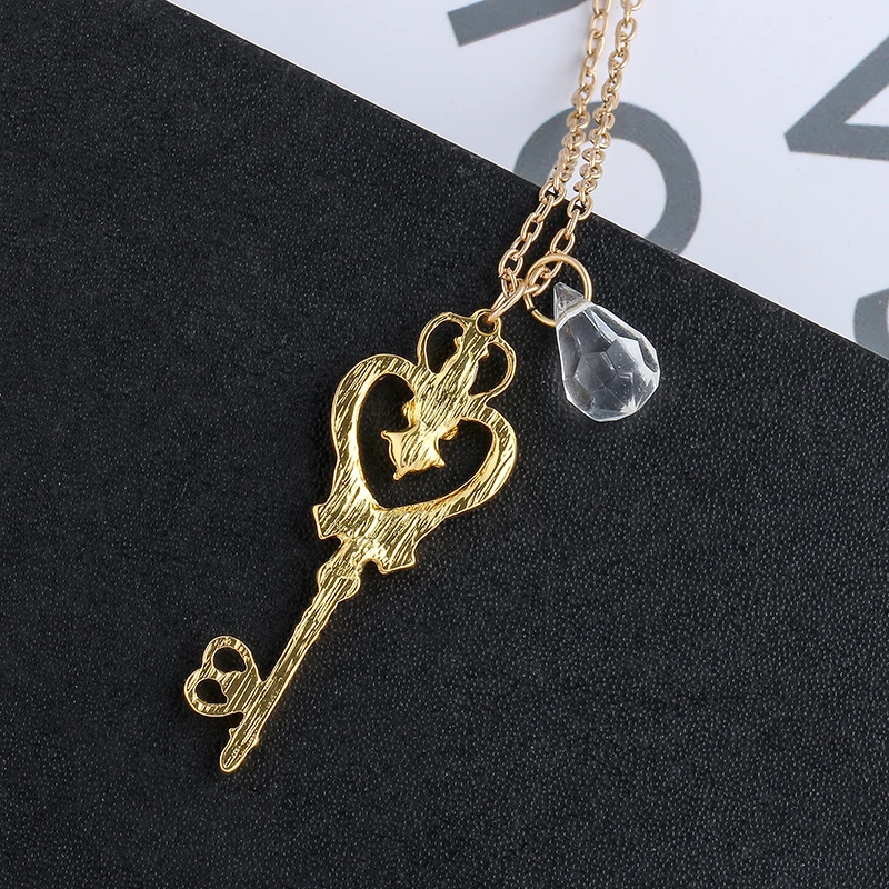 Fashion Sailor Moon Heart Shaped Key Crystal Necklace Cartoon Anime Pendant Necklace for Women Jewelry Accessories Toy Gift