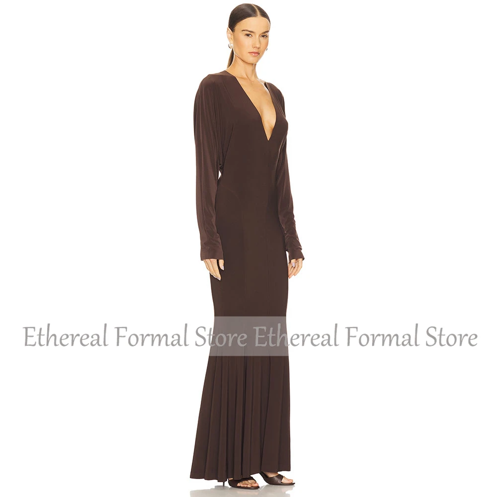 Brown Mermaid Evening Dress Long Batwing Sleeves V Neck Women's Prom Gown Floor Length Formal Party Dress  Long  Saudi Dress