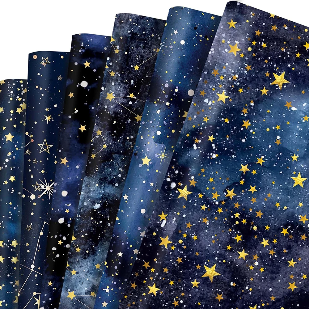 12 Sheet Starry Sky Twinkle Gift Wrapping Paper Navy Blue Gold Foil Present Wrapping Paper Birthdays Festivals Diy Gift Paper