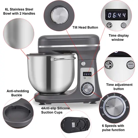 BioloMix 1200W 6L Kitchen Stand Mixer With Quiet DC motor, 6-speed, for blending, whisking, and kneading