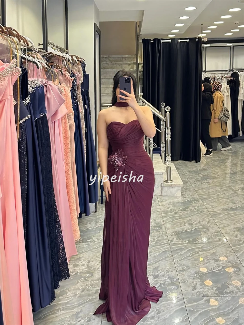 Abiti lunghi senza spalline a sirena con perline fatte a mano in chiffon formale stile moderno personalizzato Abiti da cerimonia su misura abbinati
