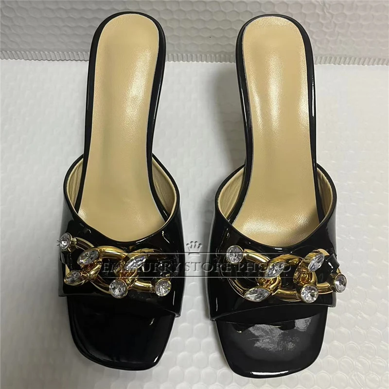 Diamond Crystal Chains Buckle Decor Sandals Women Luxury Patent Leather Slingbacks Unique Chain Strange Heel Summer Mules