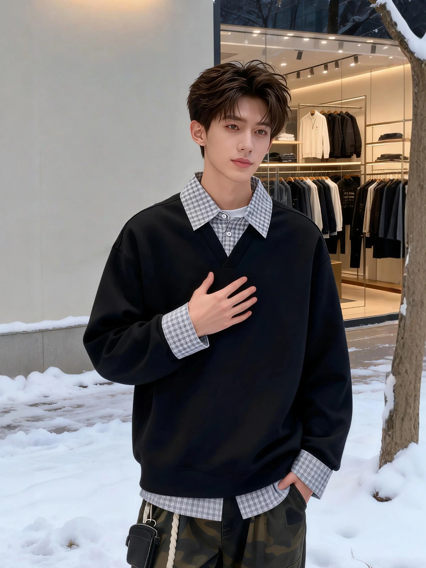 Men's Plaid Shirt Collar Faux Two-Piece Sweatshirt Long Sleeve American Style Spring High-End Casual Fashion Warmth Protection