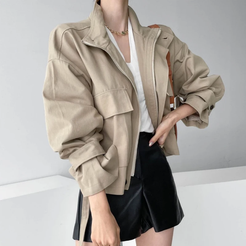 

Fall Vintage Stand Collar Zipper Loose Large ket Design Long Sve Workwear Jaet ort Outerwear Women's Faion