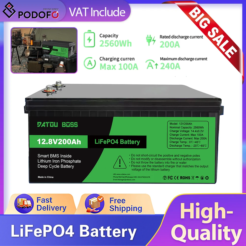 Batterie LiFePO4 DATOUBOSS 12V 200Ah avec BMS 100A amélioré, 15000 cycles profonds pour camping-car, solaire, marine, maison hors réseau