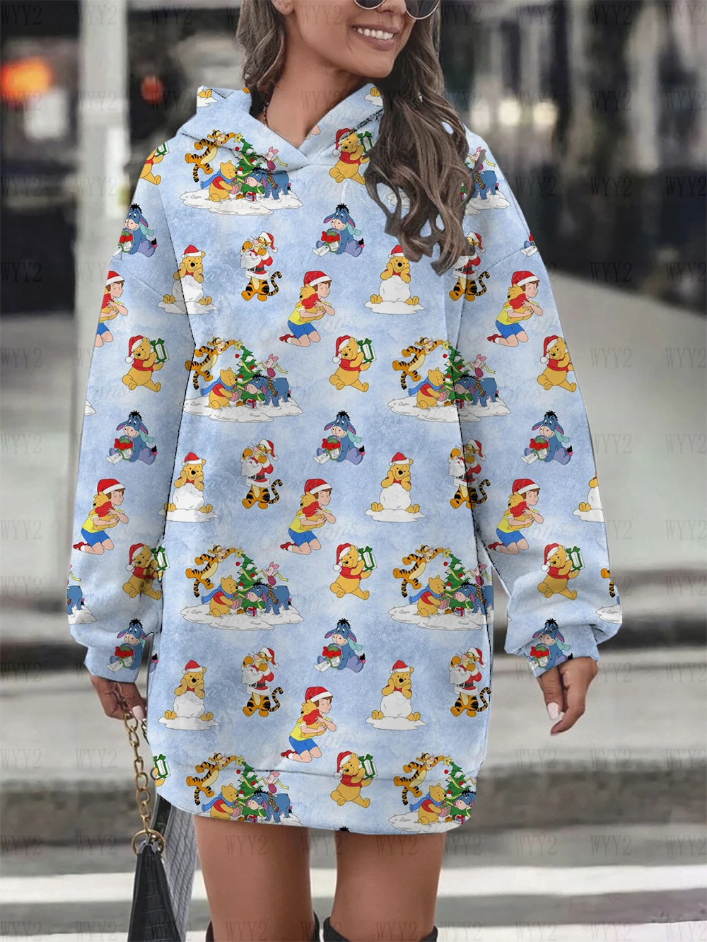 

Women's Disney Bear print Christmas series fashion chic hoodie new autumn and winter comfortable simple hooded skirt dress