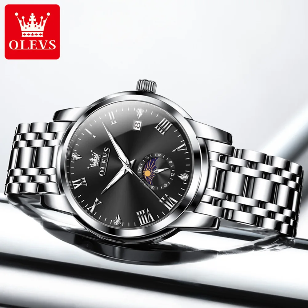 OLEVS 3656 Original Quartz Movement Business Men Watch Stainless Steel Moon Phase Window 30m Waterproof Luminous Function Watch