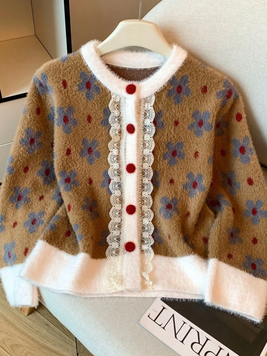 Miękki kardigan damski z dzianiny z aksamitu norek w delikatnych kolorach, słodki sweter na jesień i zimę, oryginalny projekt, luźny krój, nadruk...
