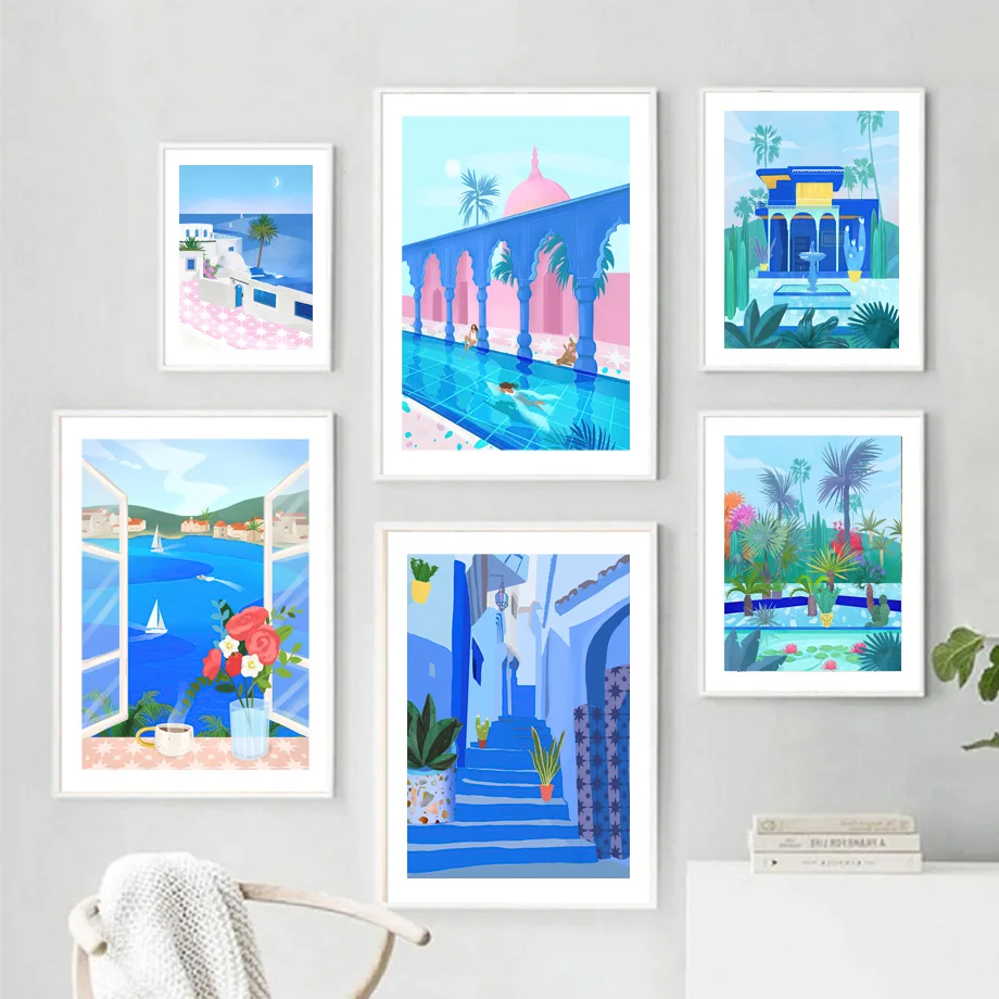 Boho Summer Santorini Sea View Canvas Poster Print Greek Island Holiday Surf Pool Girl Wall Art Mural For Living Room Home Decor