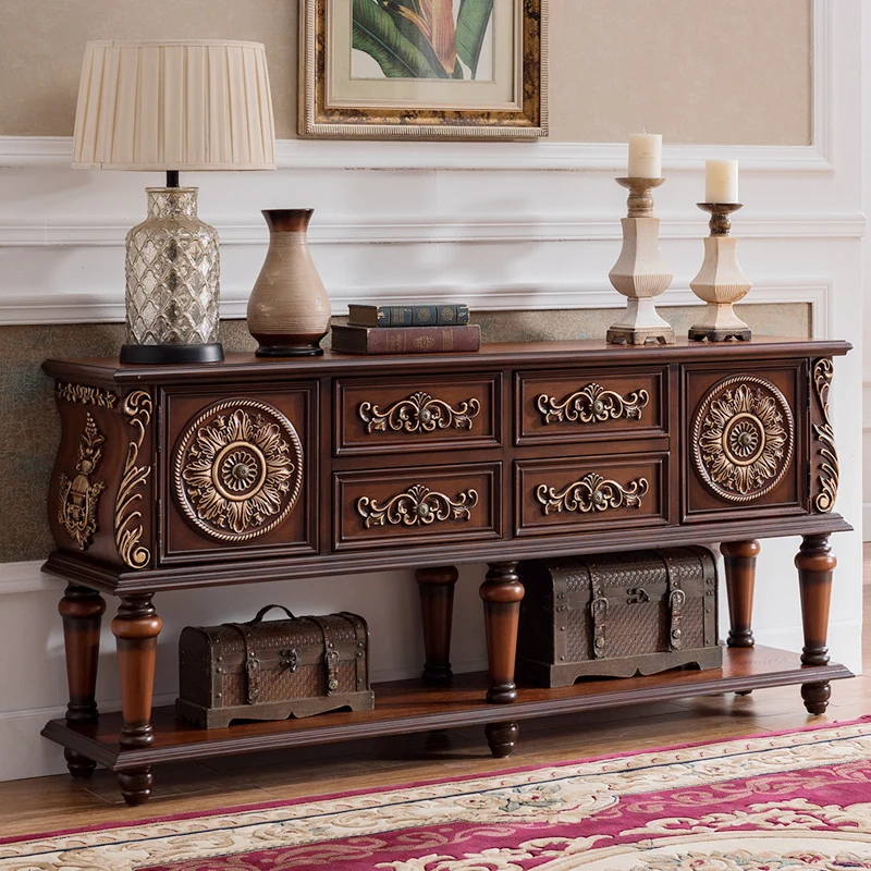 

European-style entrance decorative cabinet, dining side cabinet, solid wood American entrance counter side cabinet, long table,