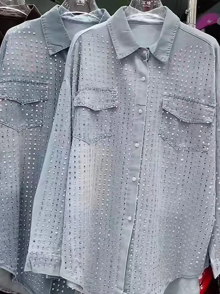 

New Trend 2025 Spring Autumn Sparkle Stones Denim Shirts and Blouses Women's Loose Casual Denim Top Woman Clothes