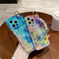 Luxury Laser Painting Butterfly Wrist Strap Phone Case For Iphone 16 Plus 11 12 13 14 15 17 Pro Max Shockproof Hand Band Cover