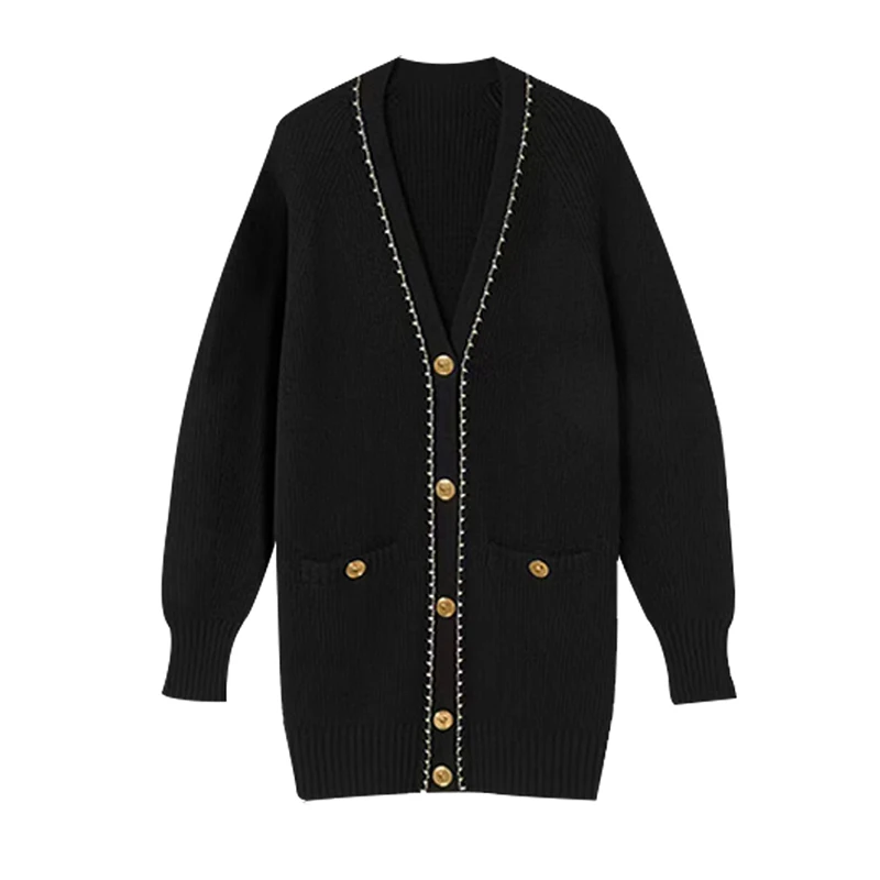 Black Knitted Cardigan Long Style Loose Coat Women Casual Clothing Kpop Outfits Y2k Wear Idol Clothes Fashion Street Wear JL5887