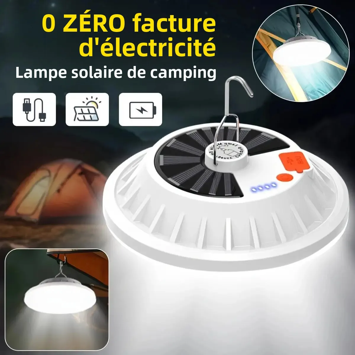 Lampe solaire de Camping, lanterne de tente LED Rechargeable Portable avec chargement USB, télécommande, batterie externe pour l'extérieur, barbecue, pêche
