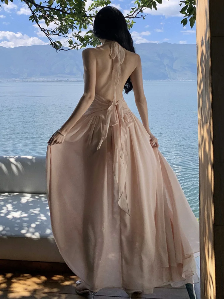 Vestido bohemio de fiesta de vacaciones para mujer, vestido largo de playa con volantes y escote en V profundo, cintura alta, liso, Sexy, sin espalda