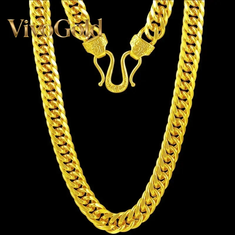 

VivoGoldLuxury fashion 9999 24K real gold Europe and the United States flat necklace Fu buckle the boss bracelet for men
