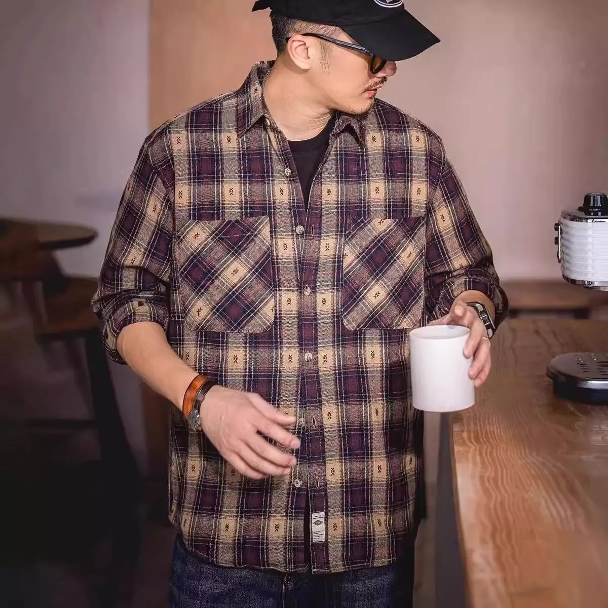 

Retro Briti Sle Color Blo Plaid irt Jaet Men's Loose Casual Outerwear American Sle Long Sve Polyester Polyeste...