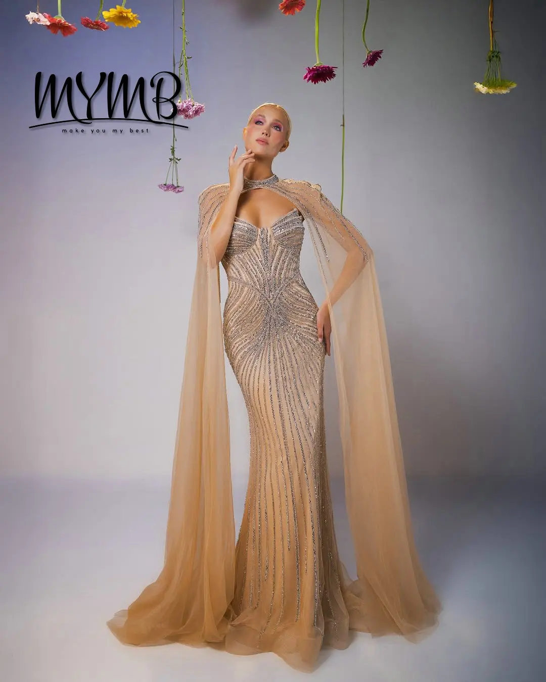 MYMB Magnificent Luxurious Embellished Exquisite Beaded Crystal Evening Gown With Elegant Cap Sleeve for Formal Occasion MB40435