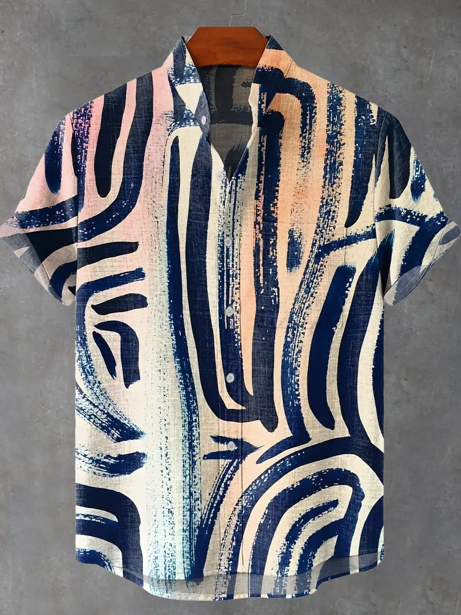 

Trendy minimalist art design 3D printed pattern men's casual linen stand up collar front pocket comfortable plus size short slee