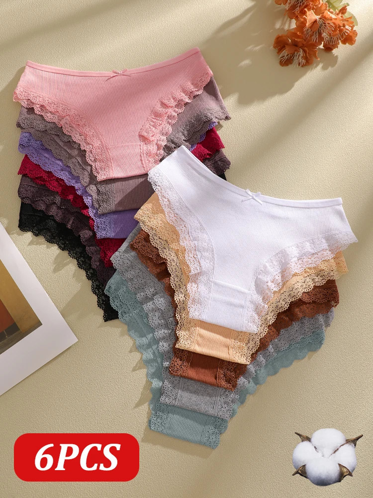 6 Teile/satz Baumwolle Sexy Spitze Bowknot Briefs Für Frauen Nahtlose Einfarbig Kreuz Gürtel Unterwäsche Weiche Gemütliche Atmungsaktive Dessous S-XXL
