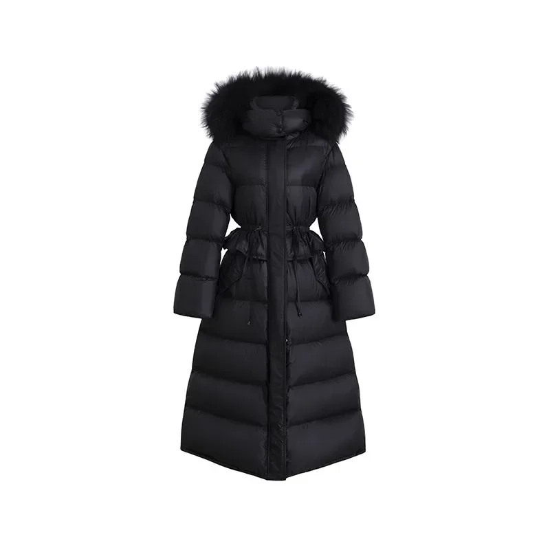 Luxury Natural Fox Fur 2024 Winter Women Puffer Jacket Long Parkas 90% White Duck Down Coats Hooded Warm Rouched Waist Outwear