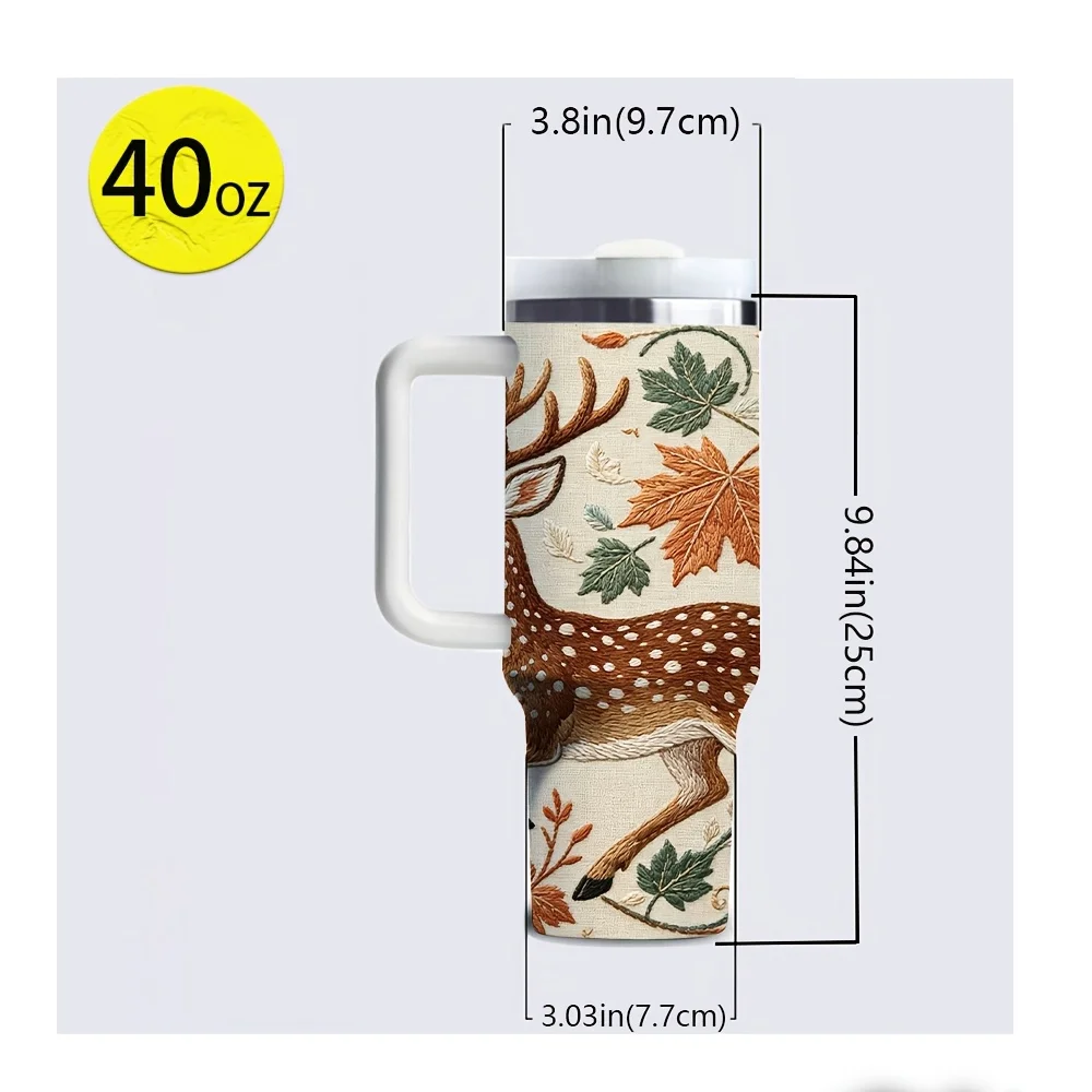 40oz Tumbler with Handle, Vintage Embroidered Deer Autumn Maple Leaves Print Insulated Cup Suitable for Hikers Campers Office Workers Travelers Ideal for Camping Hiking Picnic Office Commuting Daily Use All Year Round