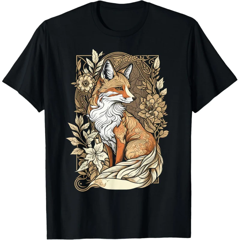 

Girl's fashionable short sleeved cute fox print pattern casual loose and versatile soft black T-shirt