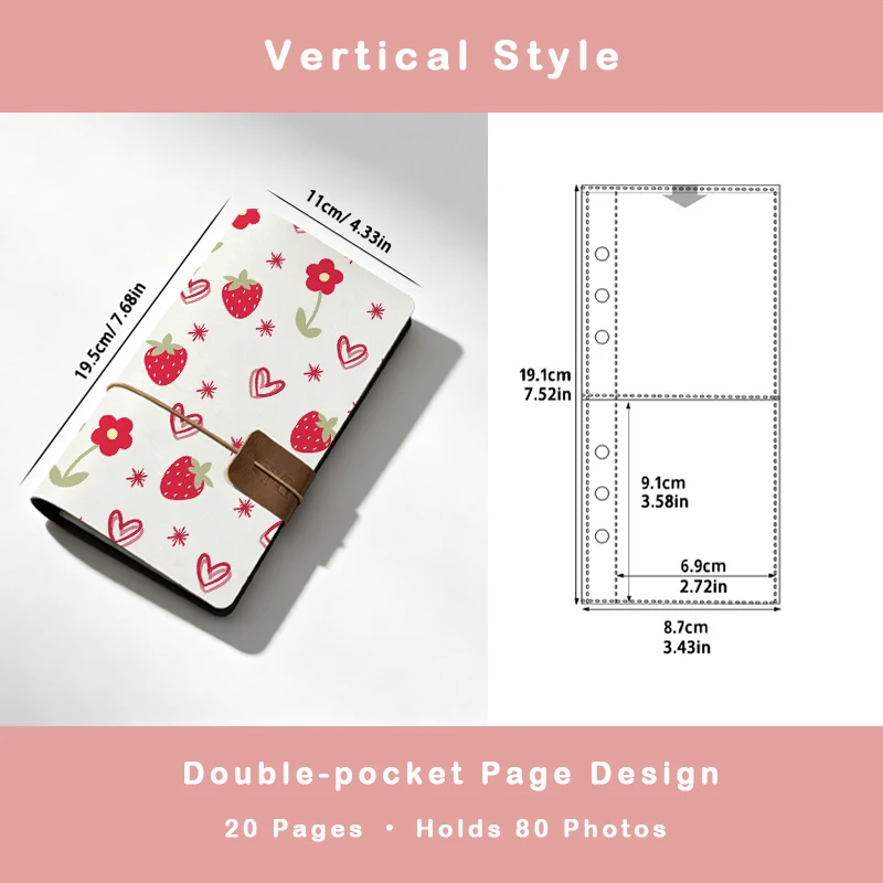 Red Strawberry Outline Heart Small Floral Print Instant Photo Album Lovely Gift for Teen Girls & Cute Fruit Pattern Lovers
