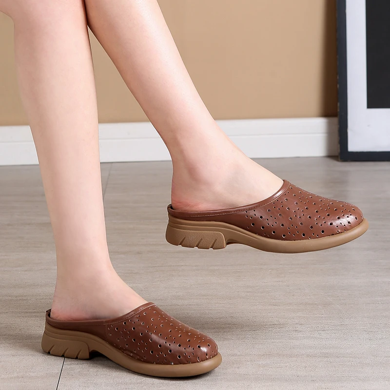 Indoor and Outdoor Wear Slippers Women Leather Vintage Breathable Hollow Cap Half Slippers Indoor Non-slip Summer Slippers for