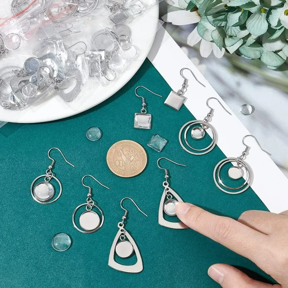 12 Pairs 4 Styles Glass Blank Dome Dangle Earrings Stainless Steel Earring Bezel Settings Triangle Ring Square Cabochon Base